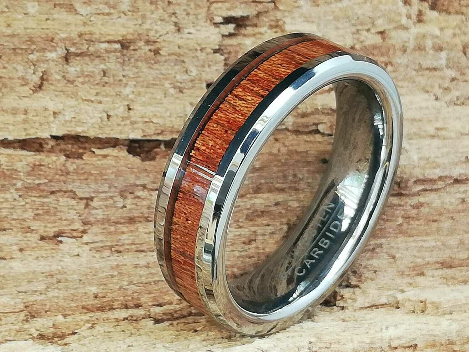 Tungsten, Wolfram-Carbid Ring, mit Rosenholz Inlay,  hochpoliert