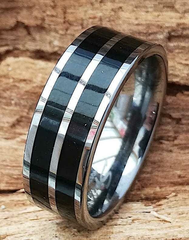 Tungsten, Wolfram-Carbid Ring, mit 2 schwarzen Streifen,  hochpoliert