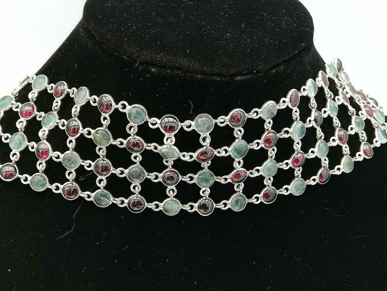 Echt Silber Chocker (925) mit Labradorit und Granat Steinen, Länge verstellbar