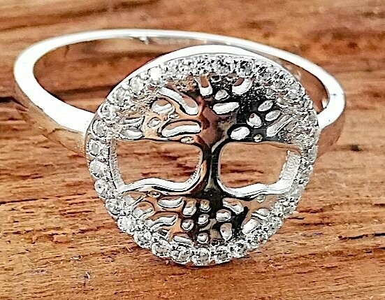 Lebensbaum, Echt Silber (925 ) Ring, mit gefassten Zirkonia Steinen