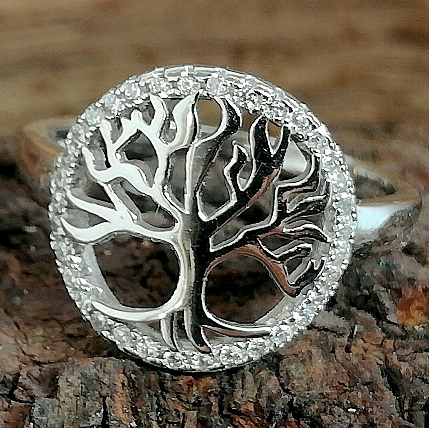 Lebensbaum, Echt Silber (925 ) Ring,  mit gefassten Zirkonia Steinen