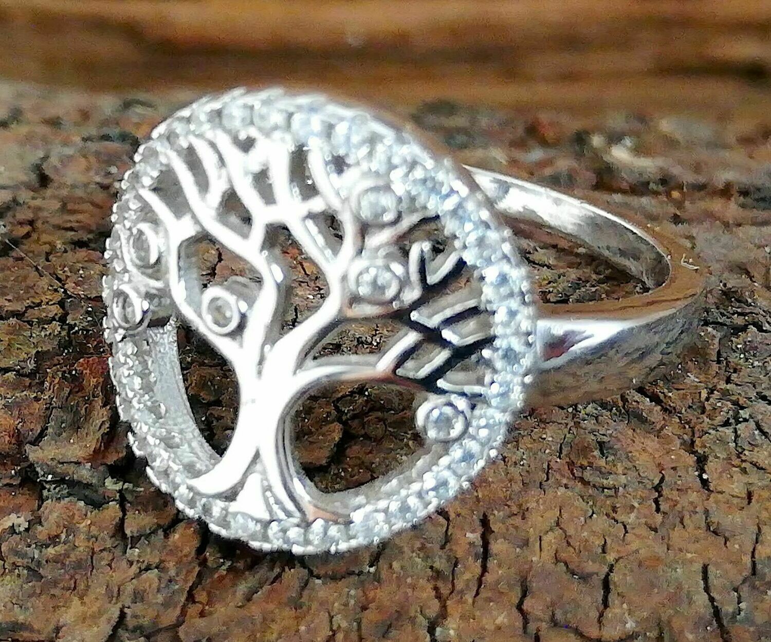 Lebensbaum, Echt Silber (925 ) Ring, mit gefassten Zirkonia Steinen