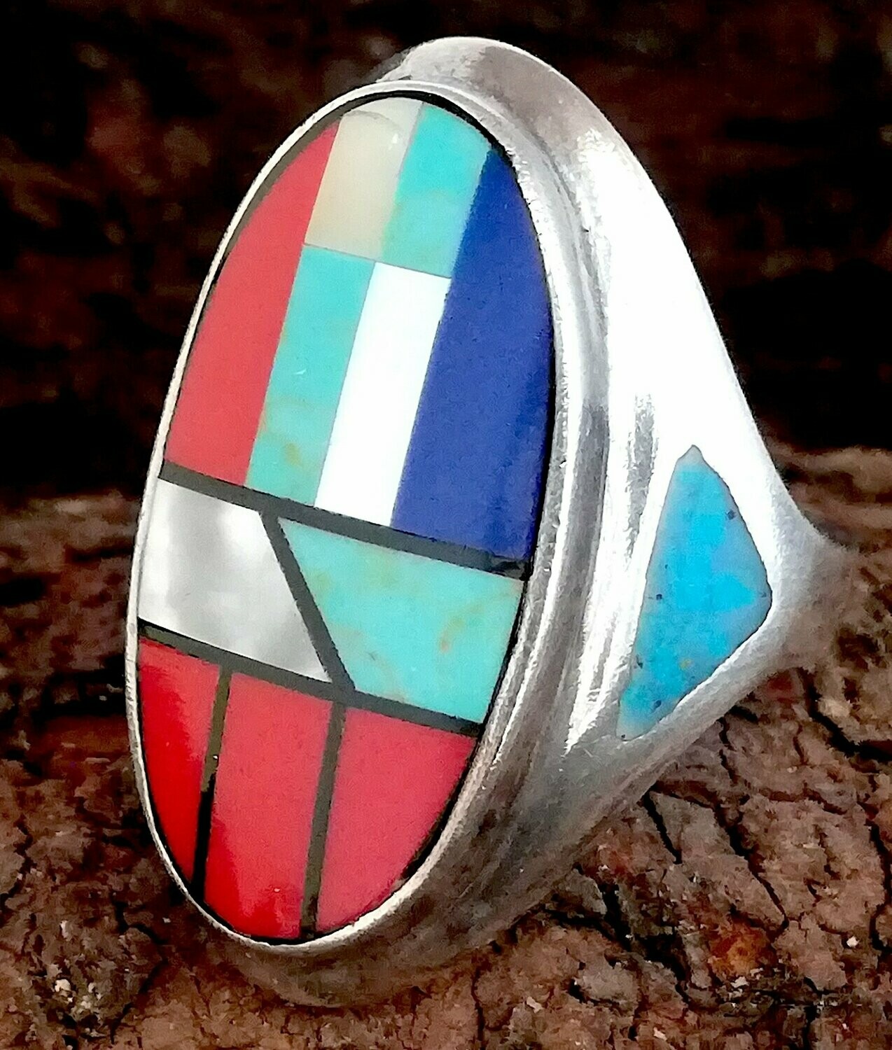 Hopi Style Inlay Ring, mit Perlmut, Türkis, Lapis, Jaspis, Made in Nepal, 925 Sterling Silber