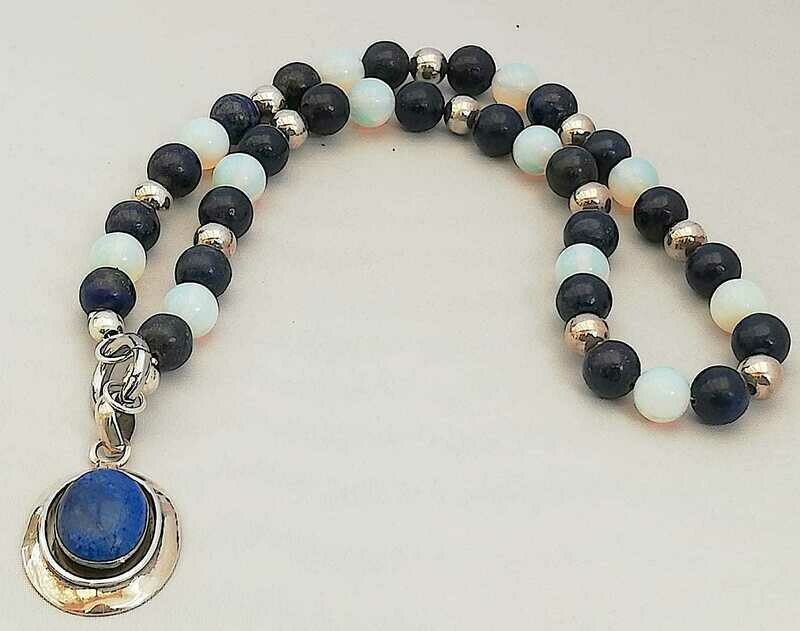 Lapis Lazuli, Mondstein (10mm) und 925 Silberperlen (8mm) Kette, mit Edelstahl Scharnierringverschluss