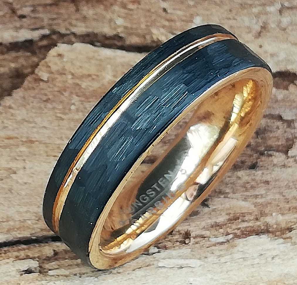 Tungsten, Wolfram-Carbid Ring, schwarz gehämmert , Rosegold hochpoliert