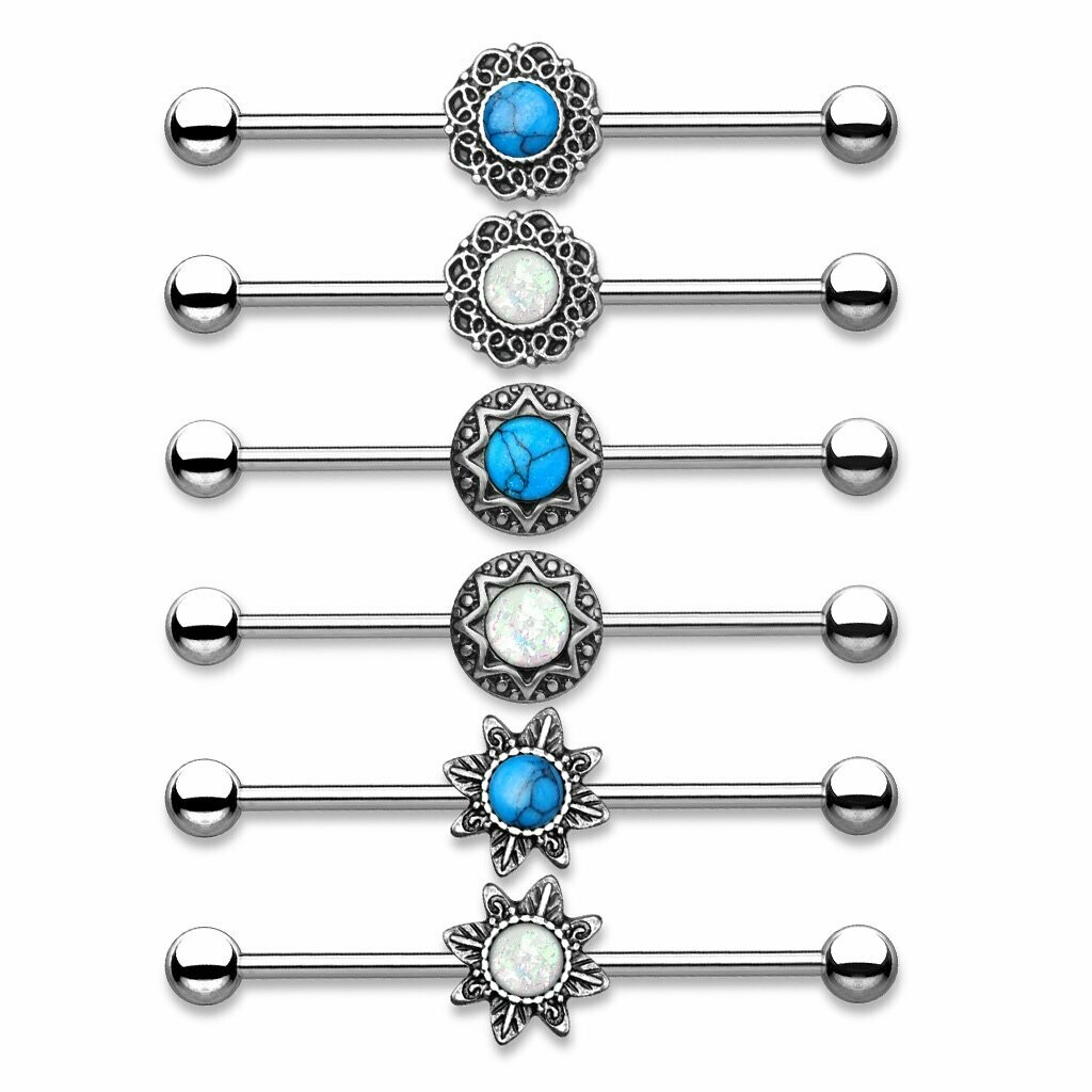 Set mit 6 Industrialstäben, mit 3x Opalsteinen mittig und 3x Türkisstein mittig, antik versilbert,, 38mm länge, 316L Chirurgenstahl...Sie kaufen 6 verschiedene Stäbe im Set !!!