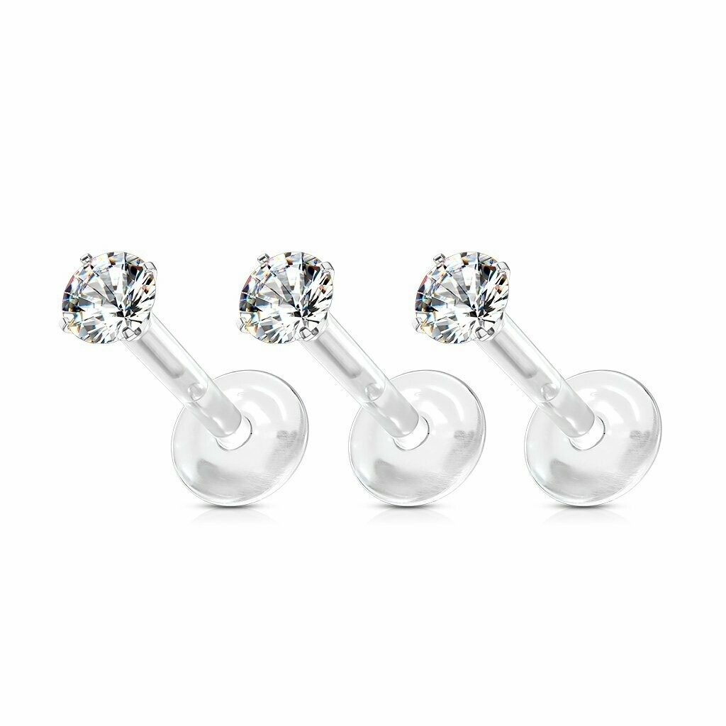 3 Stück Bio Flex Labret, 1,2 x 0,8 mit 3mm Cubic Zirkonia Stein, Sie kaufen ein Set mit 3 Stück !!