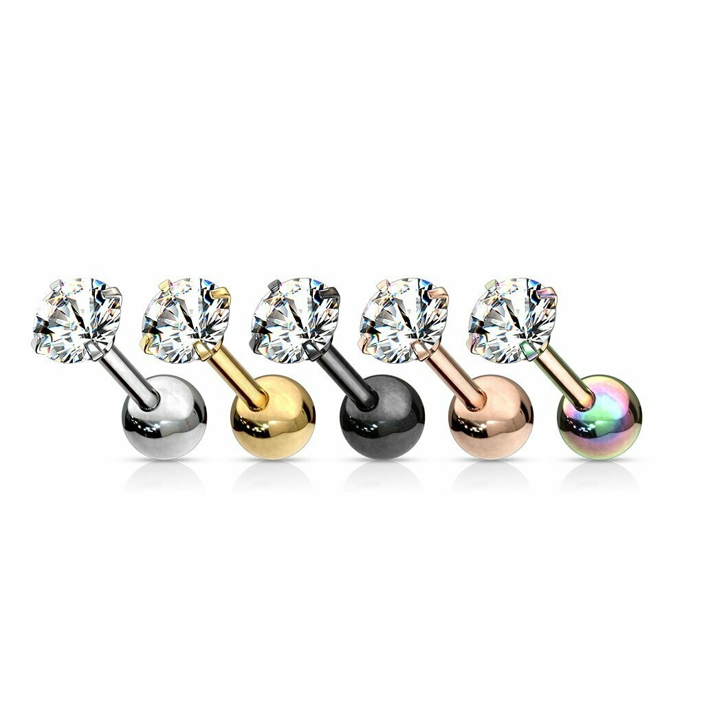 5 Stück Helix, Tragus Stecker, 1,2 x 0,6 mit 3mm Cubic Zirkonia Stein, 
jeweils 1 Stück in hochpoliert, gelbgold, schwarz, rose gold und rainbow, PVD 
Sie kaufen ein Set mit 5 Stück !!