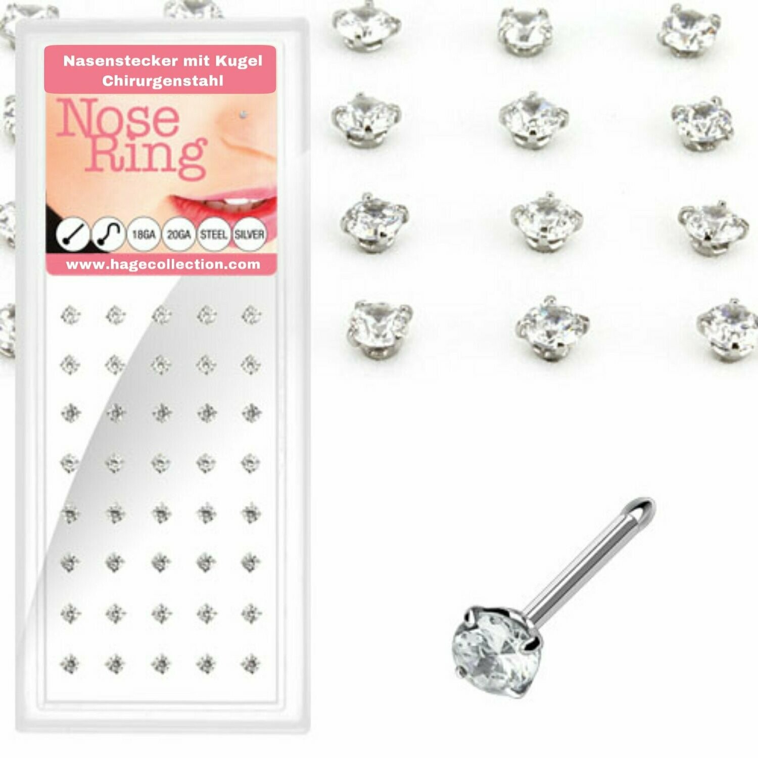 4 Stück Chirurgenstahl Nasenstecker 0,8mm x 6mm mit 2mm Cubic Zirkonia Stein, Sie kaufen ein Set mit 4 Stück !!