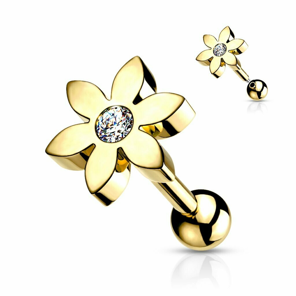 Blume mit Cubic Zirkonia Solitaire,
Tragus oder Helix Piercing 1,2 x 6mm, 316l Chirurgenstahl,