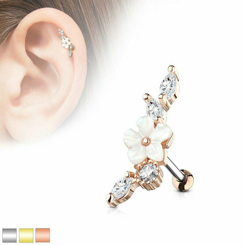 Mittige Perlmut Blume mit Cubic Zirkonia Steinen,
Tragus oder Helix Piercing  1,2 x 6mm, 316l Chirurgenstahl,