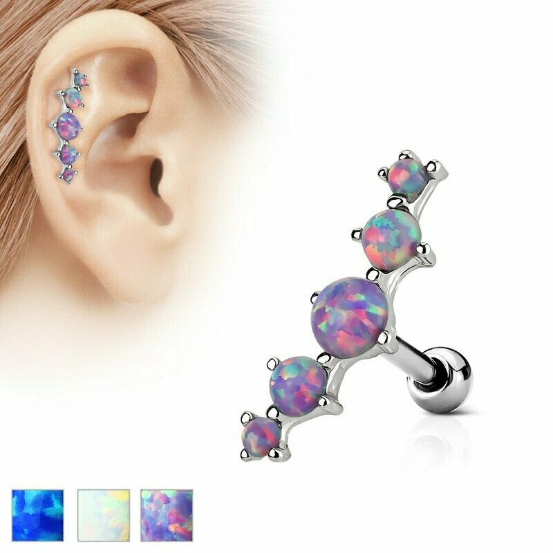 Fünf Opalstein Stecker,
Tragus oder Helix Piercing  1,2 x 6mm, 316l Chirurgenstahl (Kunstopal)
