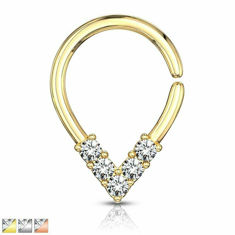 Septum, Tragus oder Helix Piercing  1,2 x 7mm, Brass Platiniert, in Silber, Gold oder Rosegold mit 5 Zirkonia Steinen