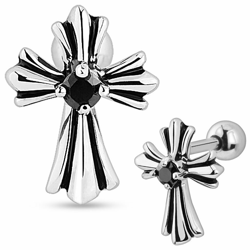 Vintage Kreuz mit schwarzem Stein, Stecker für Tragus oder Helix
1,2 x 0,6 mit 2mm Cubic Zirkonia Stein, 
316L Chirurgenstahl