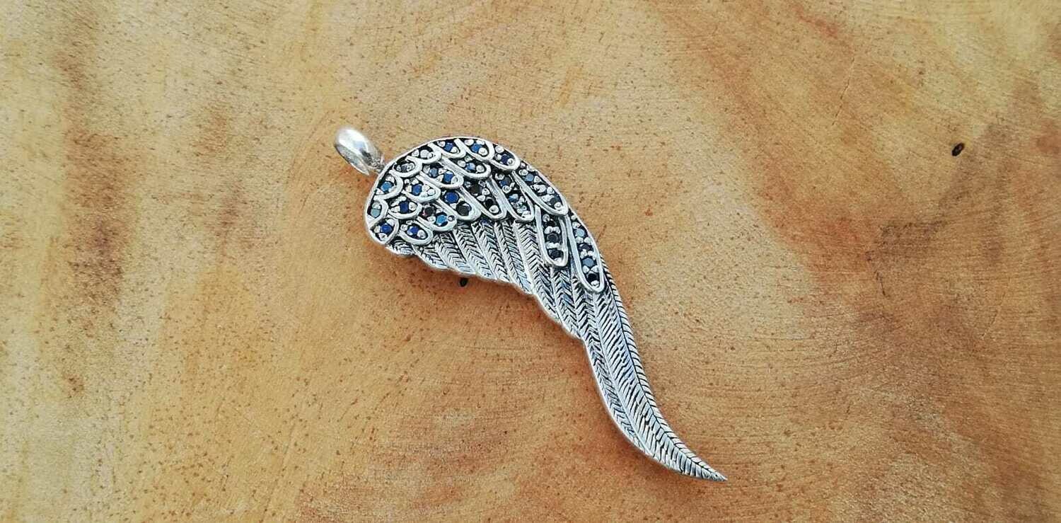 Engel Flügel, Echt Silber 925 Anhänger mit schwarzen Zirkonias