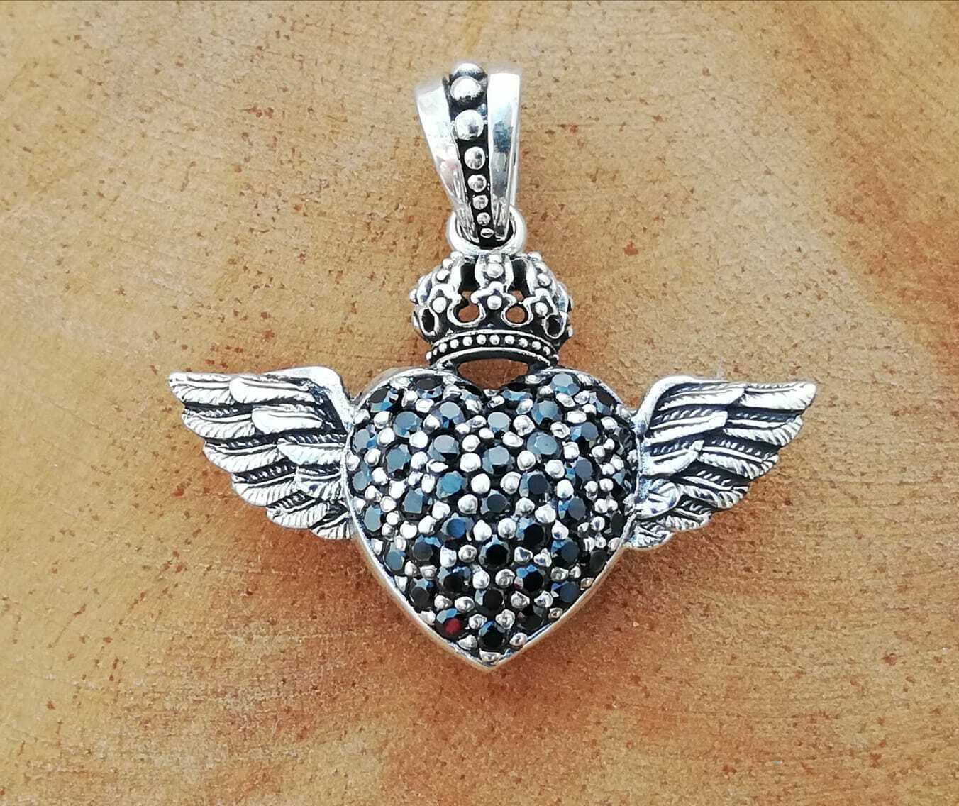 Herz mitEngelsflügel und Krone mit schwarzen Zirkonias, Echt Silber 925 Anhänger
