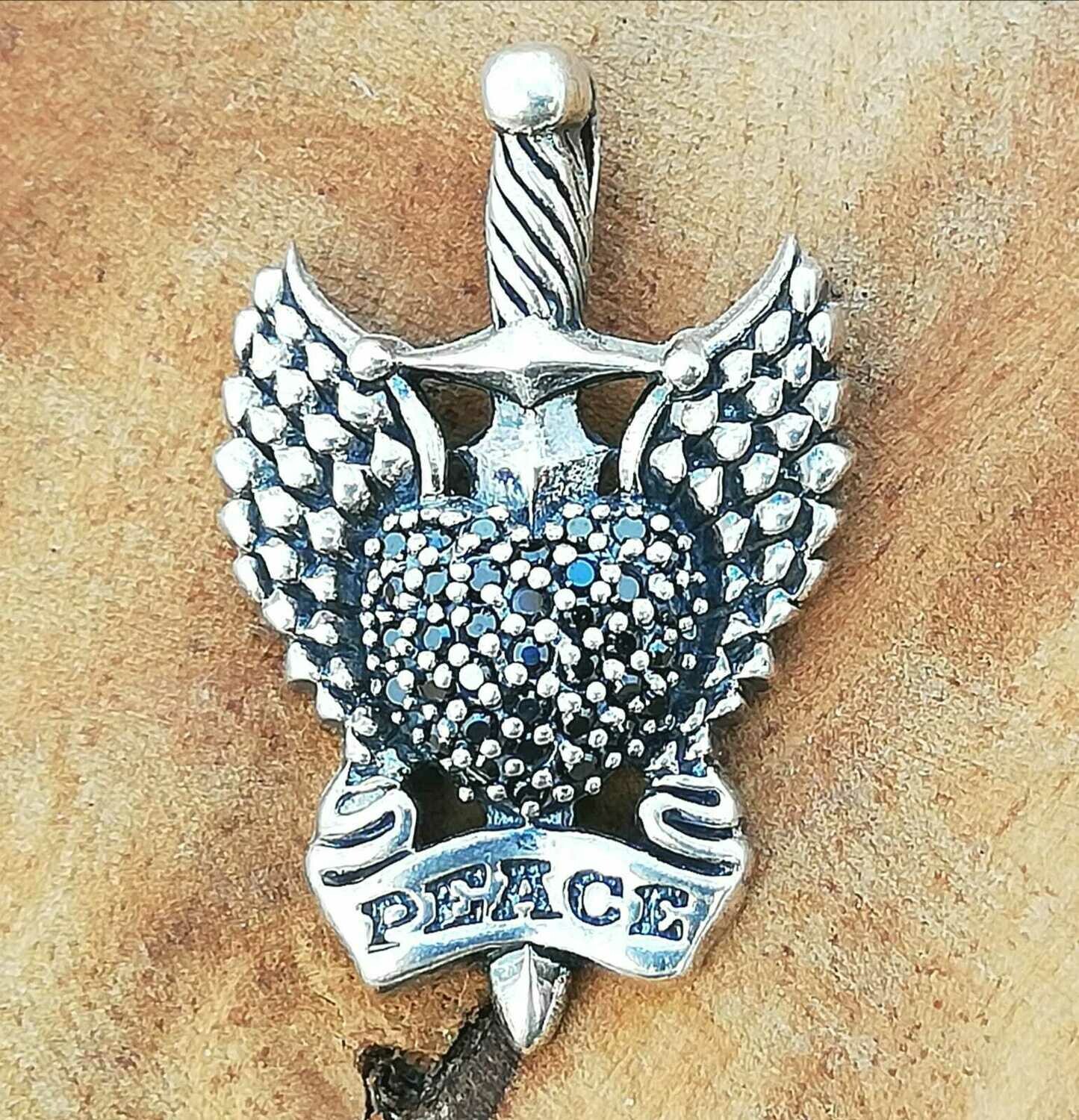 Schwert, Herz, Engelsflügel und Peace Aufschrift  mit schwarzen Zirkonias, Echt Silber 925 Anhänger
