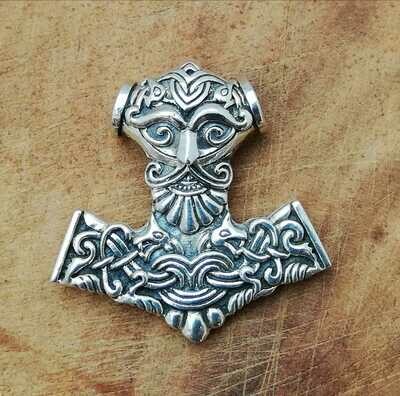 Thors Hammer mit Wikinger Gesicht, Echt Silber 925