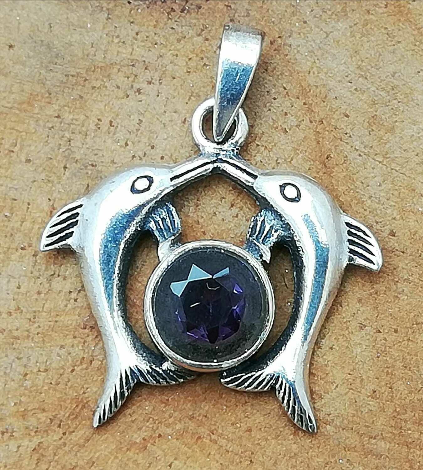 Delfin mit Amethyst, Echt Silber 925 Anhänger
