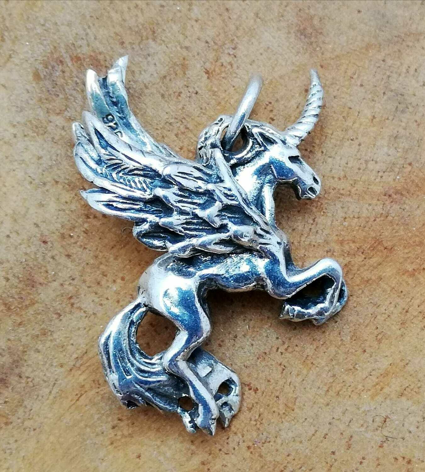 Einhorn mit Flügel (Pegasus, Alicorn), Echt Silber 925 Anhänger