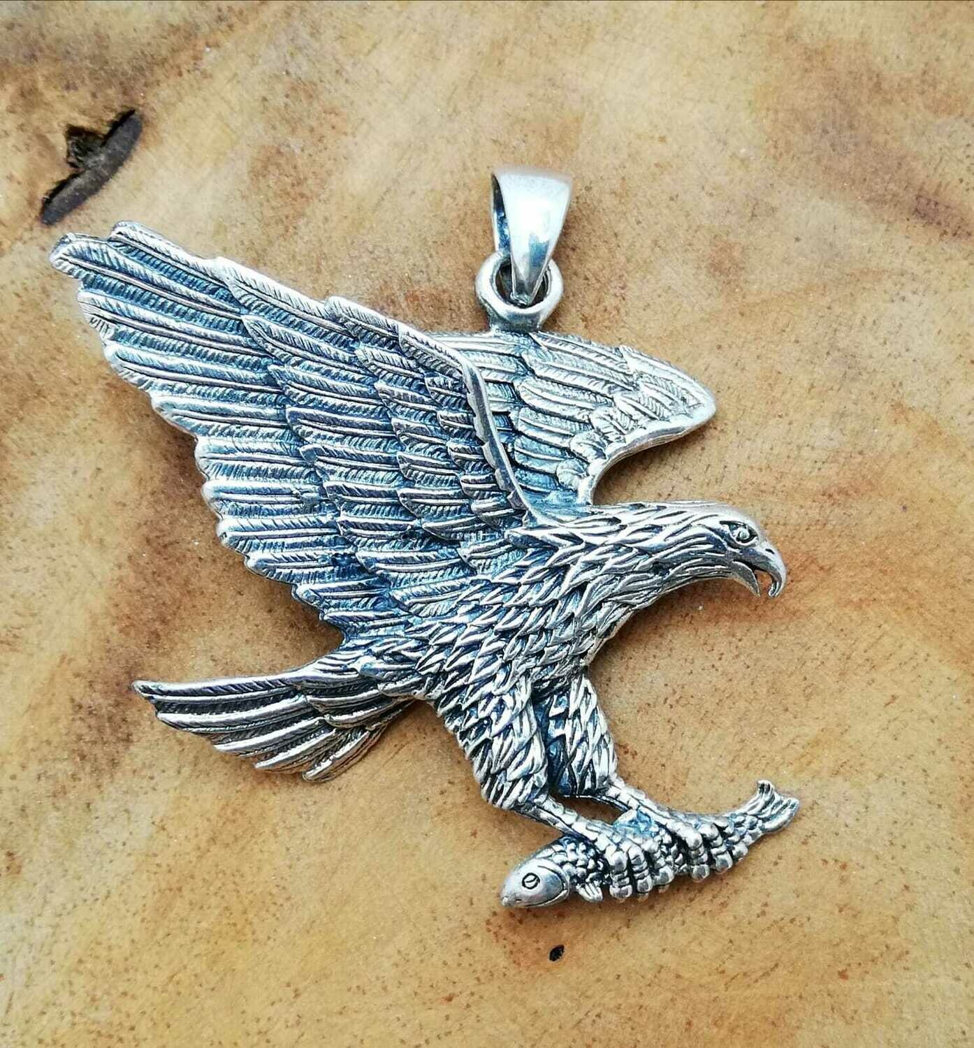 Sehr grosser massiver Adler mit Fisch, Echt Silber 925 Anhänger