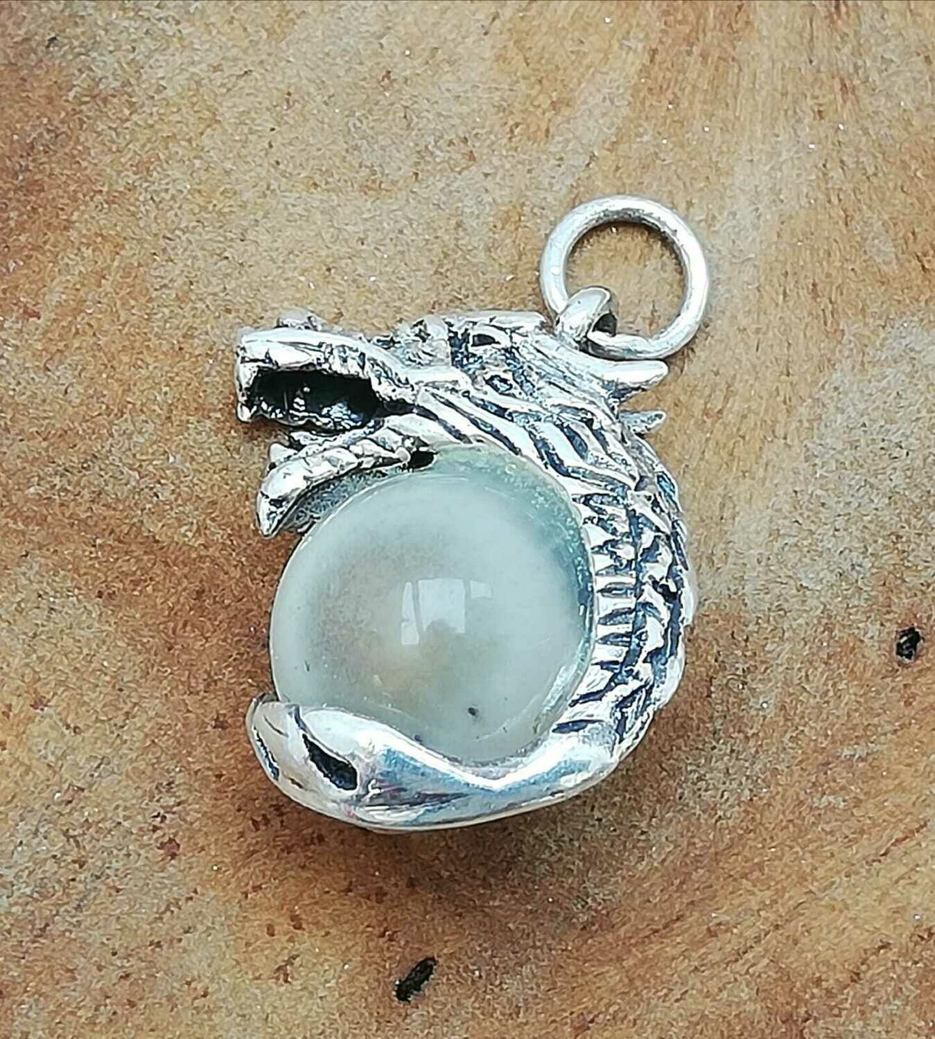 Drache mit weissem Katzenaugenstein, Echt Silber 925 Anhänger