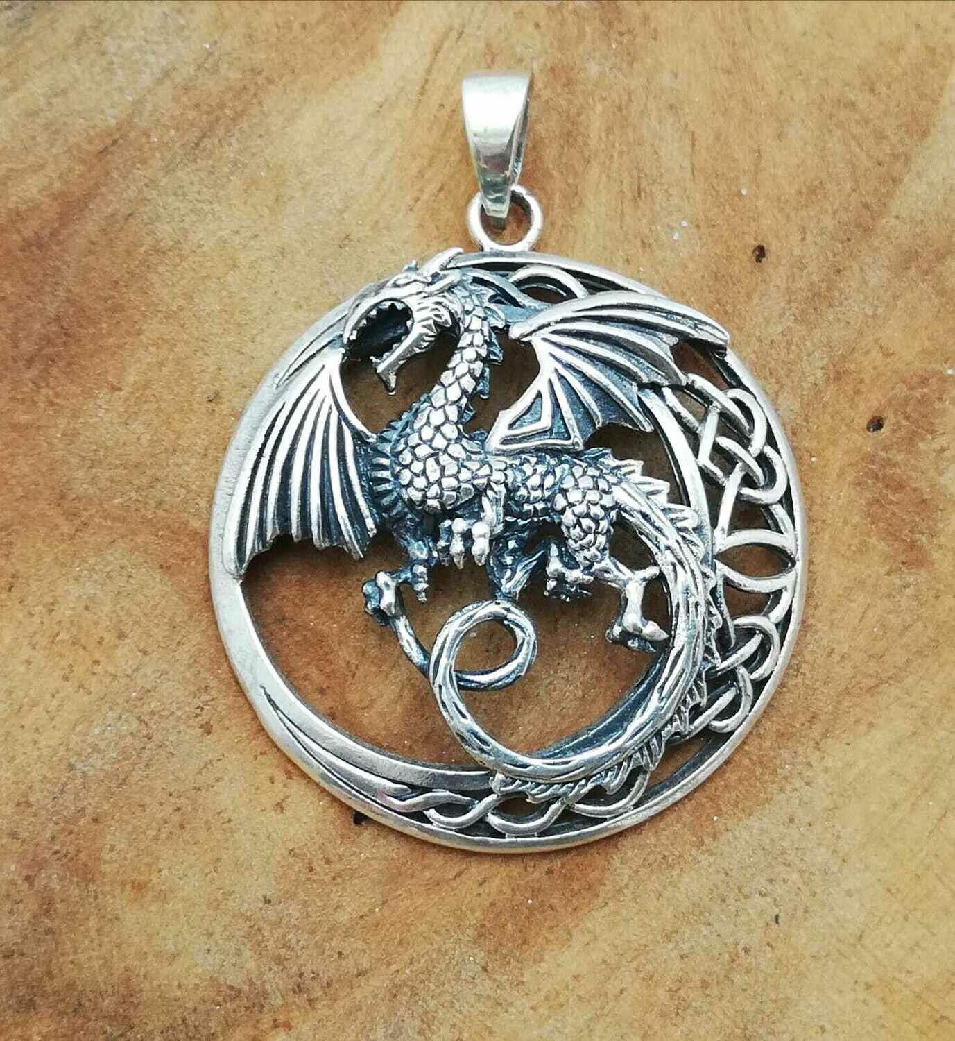 Flug Drache mit keltischen Knoten, Echt Silber 925 Anhänger
