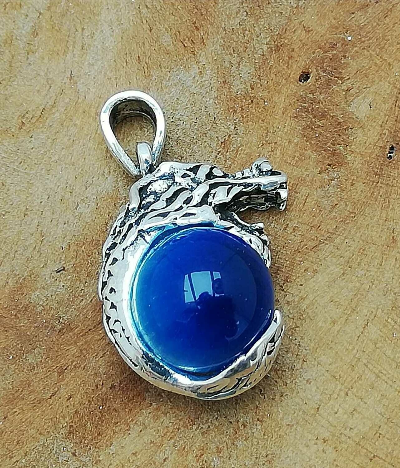 Drache mit blauem Katzenaugenstein, Echt Silber 925 Anhänger