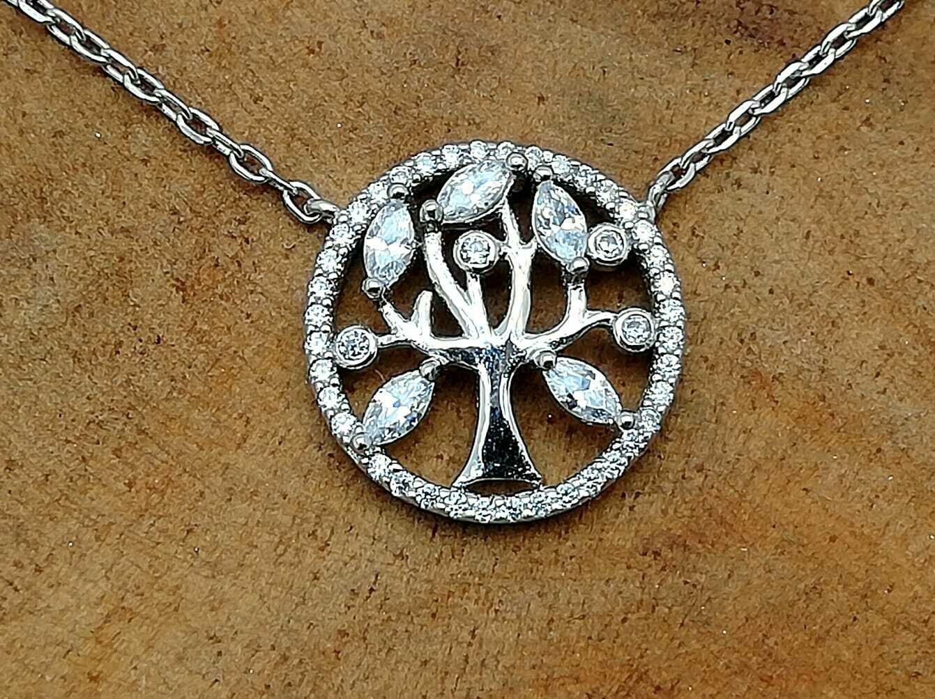 Lebensbaum Echt Silber mit Zirkonia Steinen ,komplett mit Kette