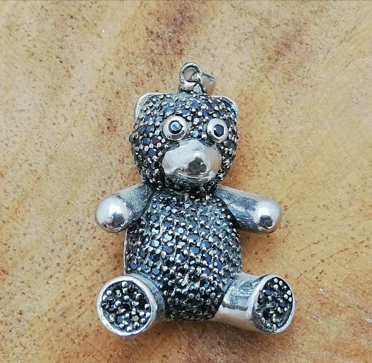 Teddy Bär in Silber mit schwarzen Cubic Zirkonias, 925 Sterling Silber