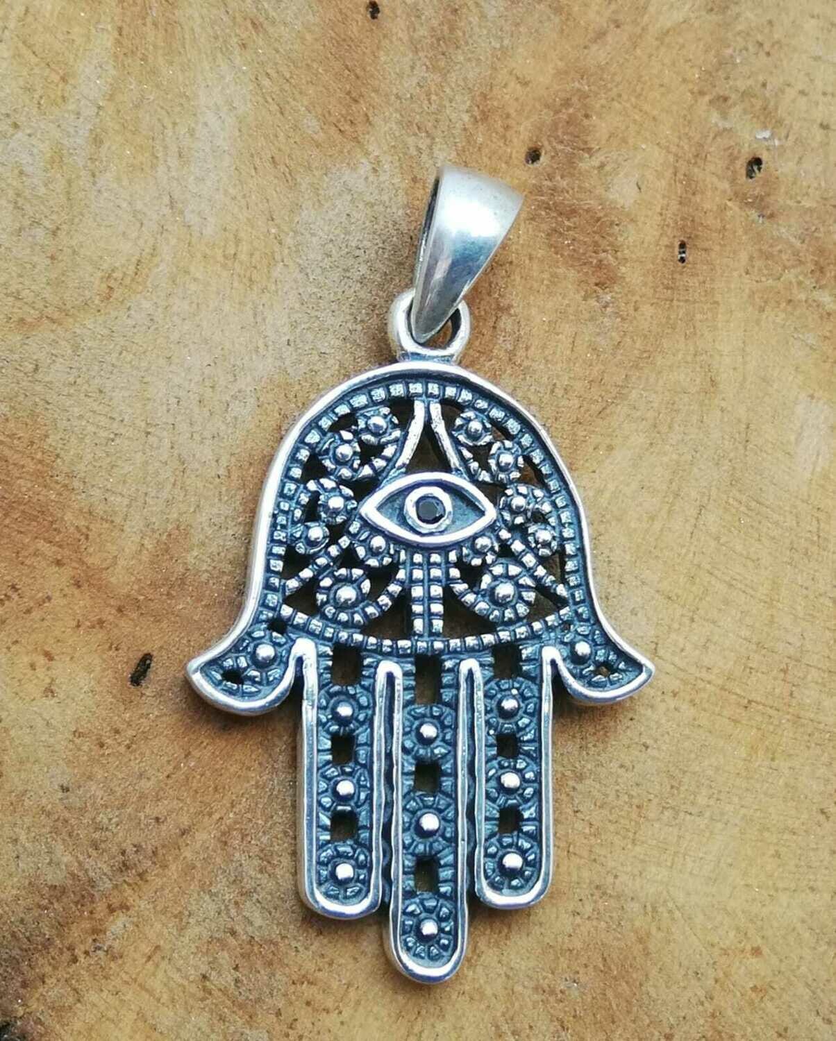 Hand der Fatima, Echt Silber mit schwarzem Zirkonia
