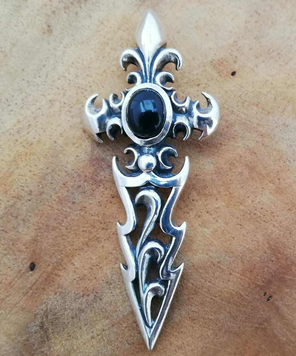 Kreuz-Schwert mit schwarzem Onyx, Echt Silber 925 Anhänger