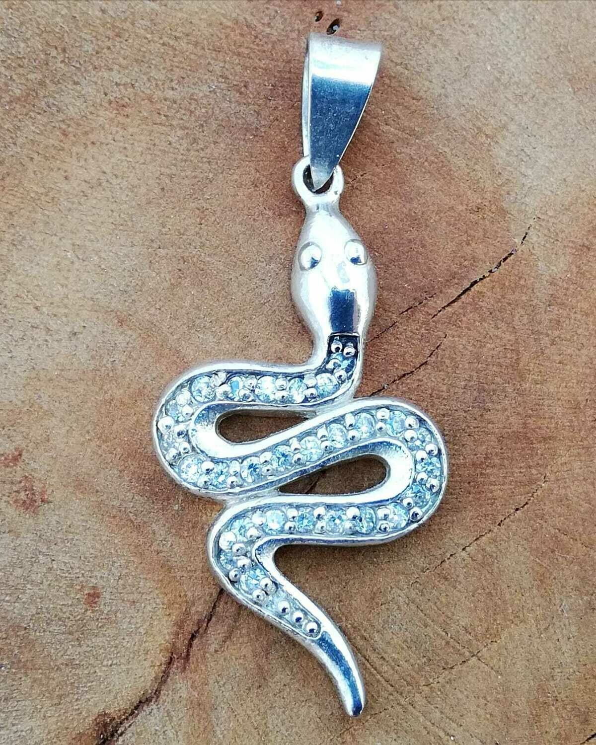 Schlange mit weissen CZ Steinen, Echt Silber 925 Anhänger