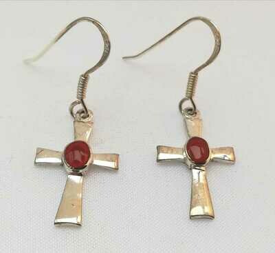 Kreuz mit rotem Carneol Ohrringe, Silber 925,Paarpreis