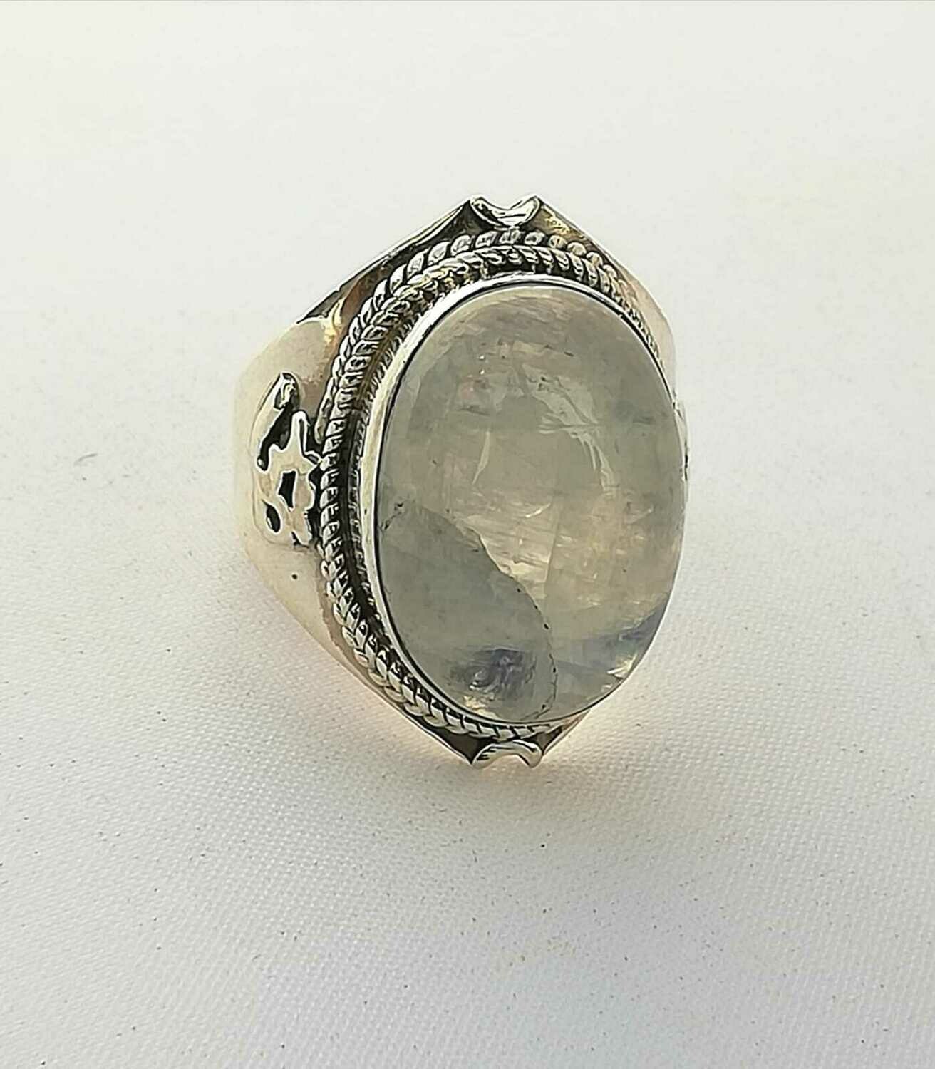 Mondstein Ring, 925 Echt Silber mit Om Ornamentik