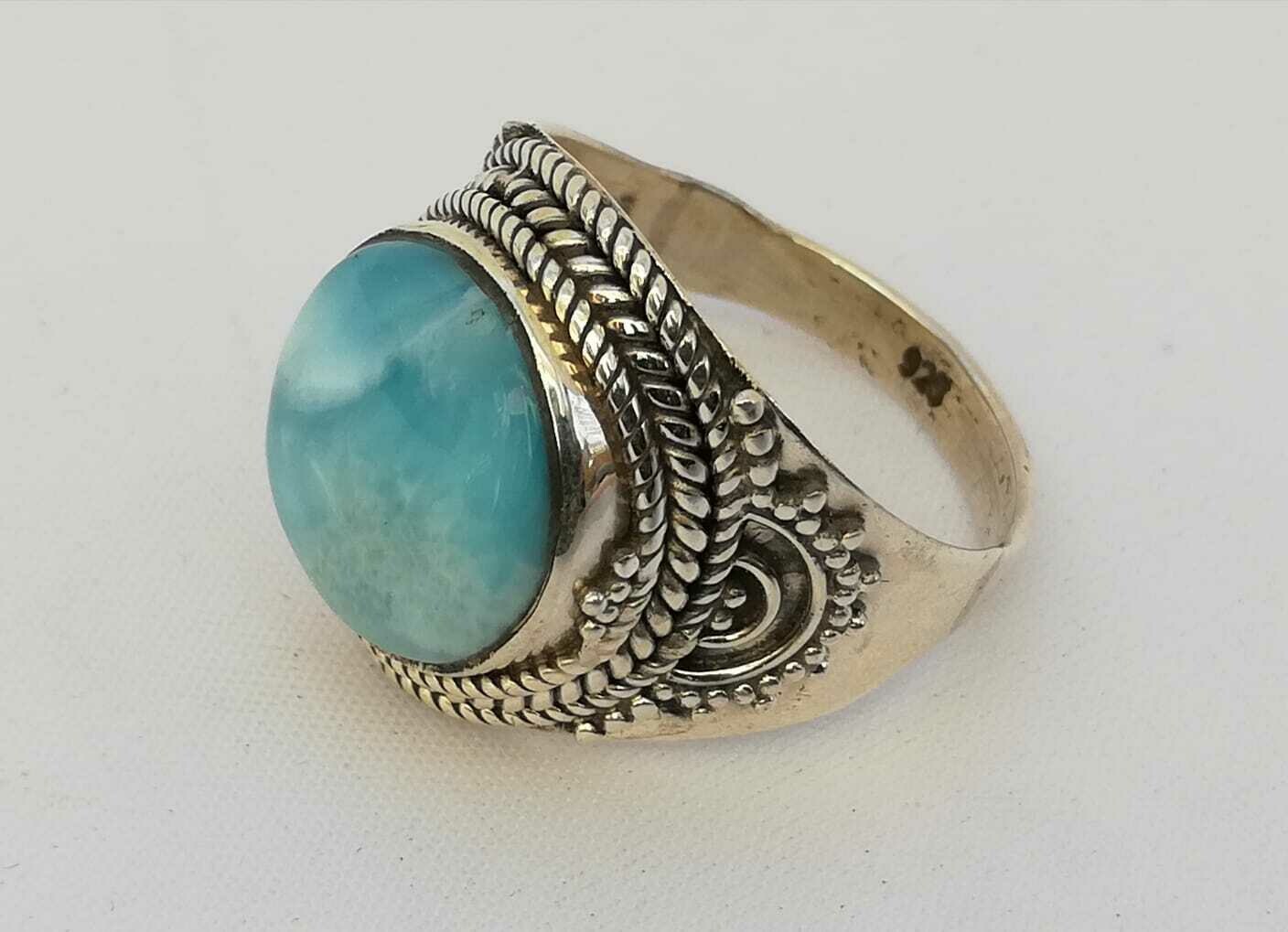 Larimar Ring, 925 Echt Silber  mit Ornamentik an der Seite