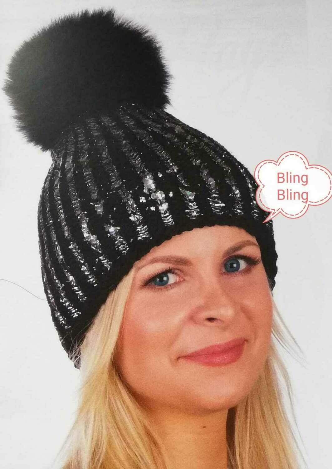 Bling Bling...unsere schwarze Glitzermütze mit Silber Pailetten, Handarbeit