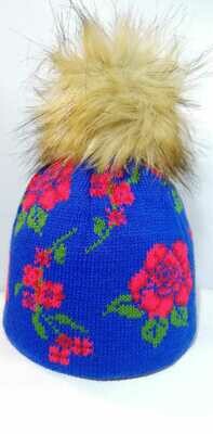 Blumendesign Mütze in königsblau mit Kunstfellbommel