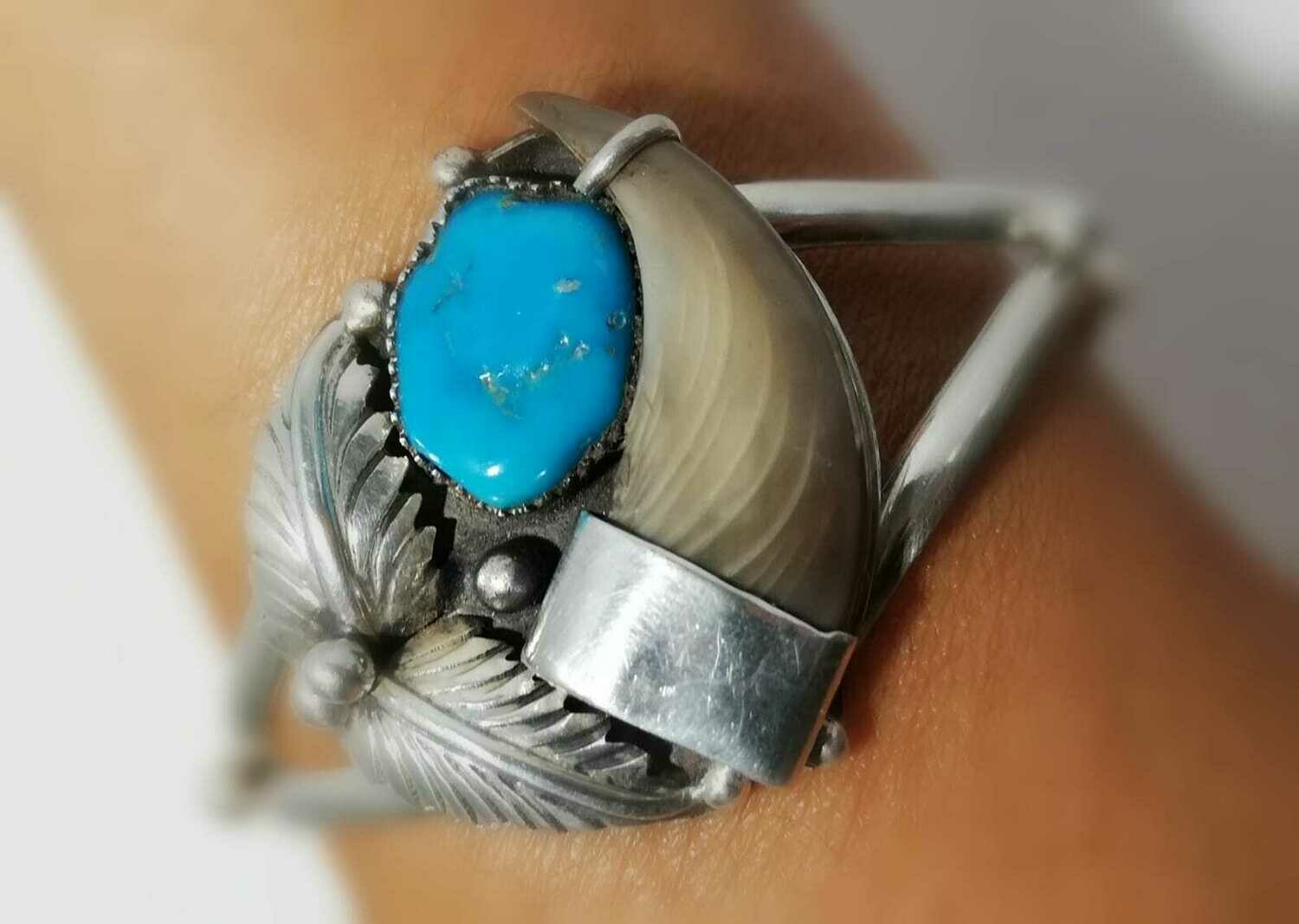 Original Navajo, Krallen  Armreif, Echt Silber (925) mit Türkisen