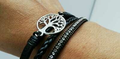 Lebensbaum Armband, mit raffiniertem Magnetverschluss, PU Leder schwarz / silber, länge ca. 19cm