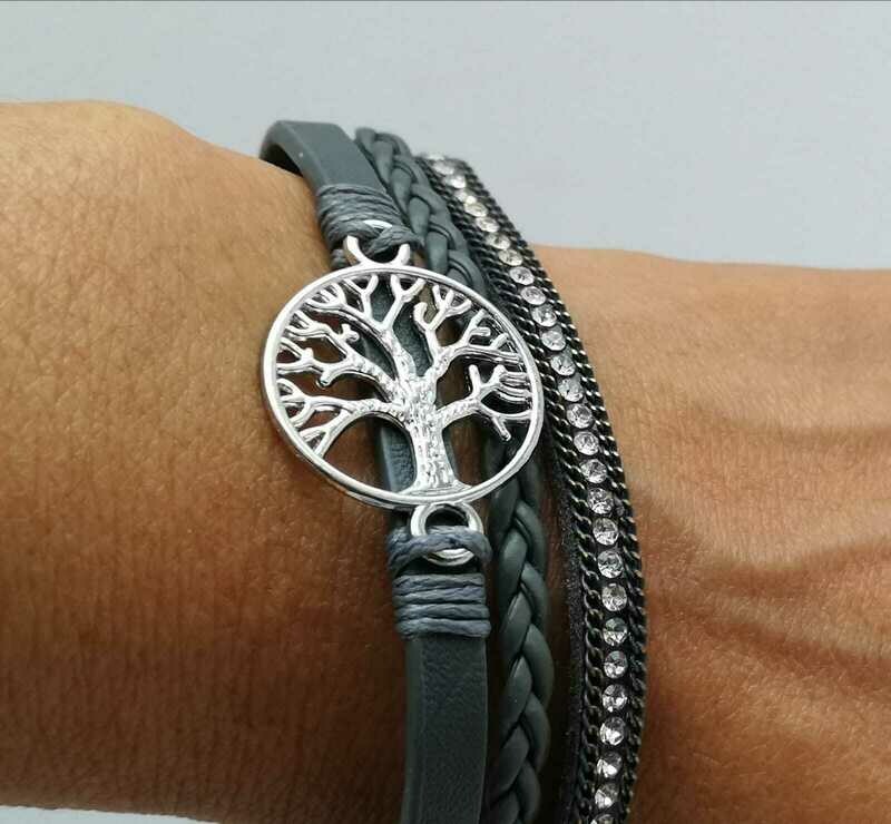 Lebensbaum Armband, mit raffiniertem Magnetverschluss,  PU Leder anthrazit, länge ca. 19cm