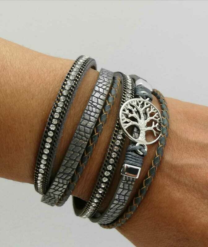 Lebensbaum Armband, doppelt gewickelt, mit raffiniertem Magnetverschluss,  PU Leder anthrazit, länge ca. 19cm