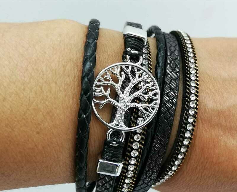 Lebensbaum Armband, doppelt gewickelt, mit raffiniertem Magnetverschluss,  PU Leder schwarz, länge ca. 19cm