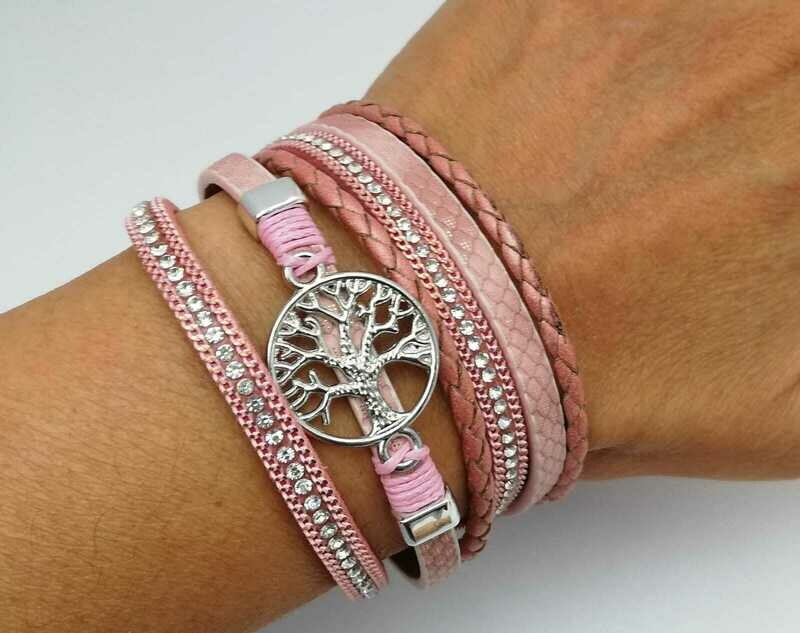 Lebensbaum Armband, doppelt gewickelt, mit raffiniertem Magnetverschluss, PU Leder pink, länge ca. 19cm