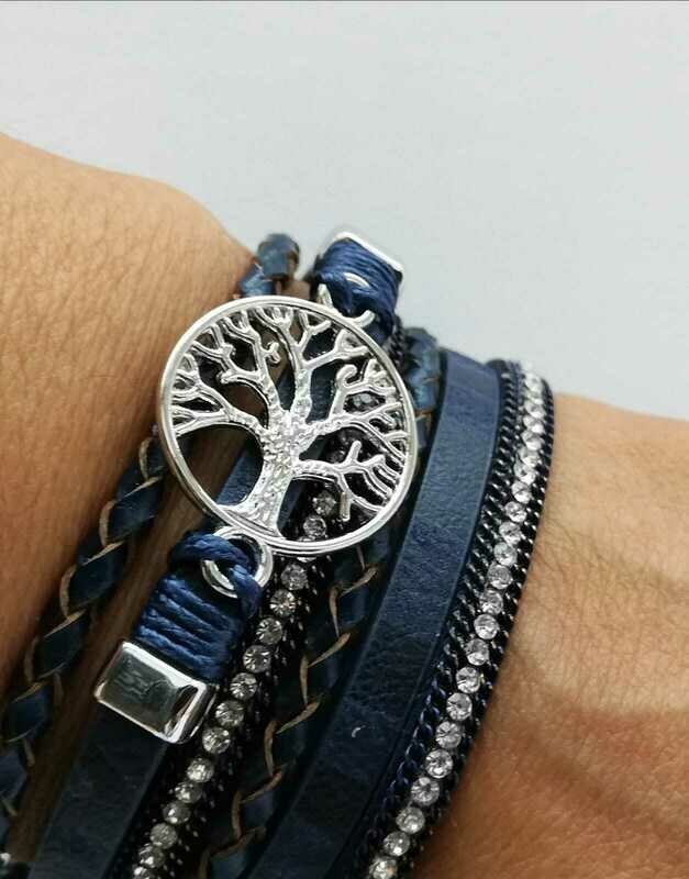 Lebensbaum Armband, doppelt gewickelt, mit raffiniertem Magnetverschluss,  PU Leder dunkelblau, länge ca. 19cm
