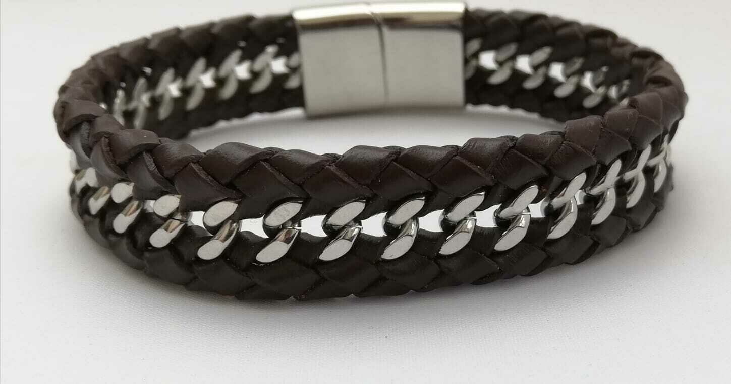 Braunes geflochtenes Leder Armband mit Edelstahl-Panzerkette in der Mitte, Lederarmband ,mit Edelstahl-Sicherheitsverschluss, braun, 21cm