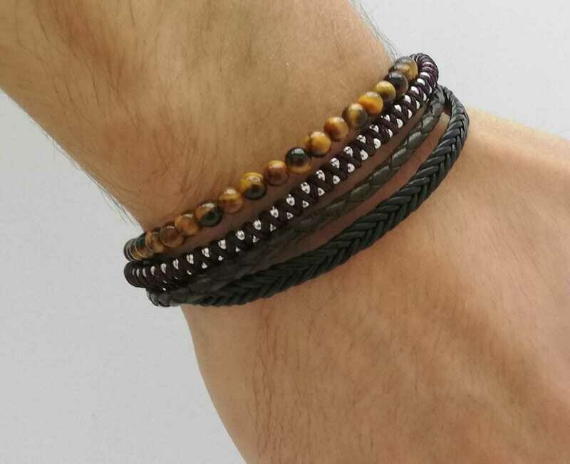 4 teiliges Lederarmband mit Edelstahl-Magnetverschluss, schwarz, Tigerauge, geflochtenes Leder, gefädelte Edelstahlbeads, 21,5 cm
