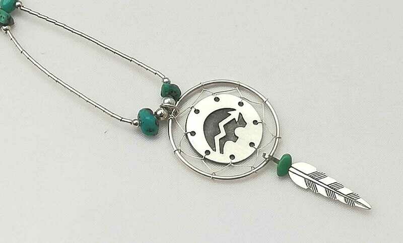 Liquid Silver Kette, 925 Sterling Silber, Bär mit Herzlinie, Feder und echten Türkis Steinen