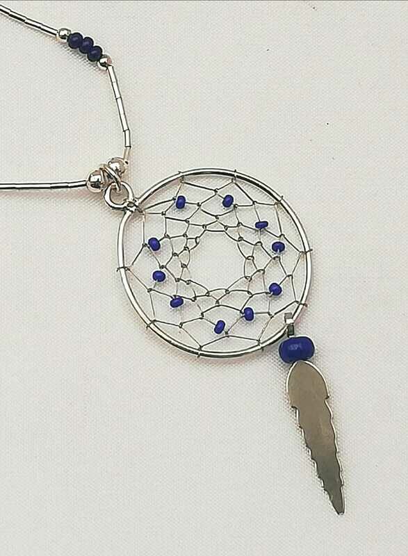 Liquid Silver Kette, 925 Sterling Silber, Dream Catcher (Träumefänger), Feder und Lapis Steinen