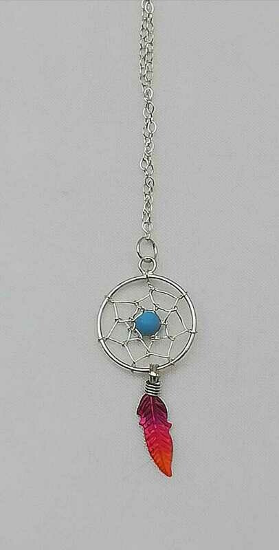 Dream Catcher (Träumefänger) Echt Silber Anhänger mit Türkis an Echt Silber Kette, 925 Sterling Silber, 46 cm lang